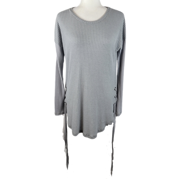 Kori Tops - KORI Gray Waffle Knit Top Lace Up Tie Sides Medium